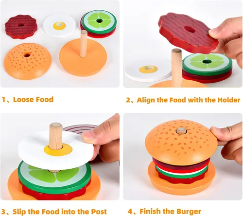 Miniatura 3 de Juguetes de hamburguesas de madera para apilar para niños, alimentos de juego Montessori para niños pequeños, juguetes educativos para niños de más