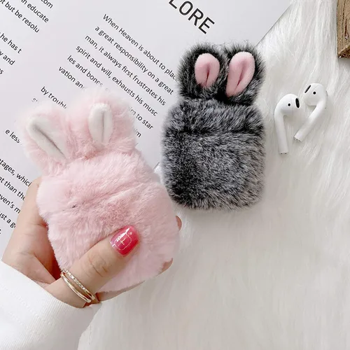 Miniatura 5 de Guppy Compatible con AirPods Furry Bunny Case Girls 3D Cartoon Cute Rabbit Ears Plush Fluffy Warm Funda de transporte suave funda protectora Rosa