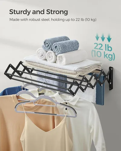 Miniatura 5 de SONGMICS Estante de secado de ropa, estante de secado de ropa montado en la pared, pequeño estante de lavandería acordeón, 9 varillas colgantes