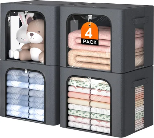 Paquete de 4 contenedores de almacenamiento de ropa con marco de metal, cajas de almacenamiento plegables de tela de 40 L con ventana transparente,