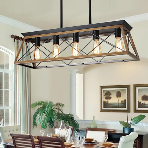 Miniatura 10 de Candelabros de granja para comedor, lámpara rústica para isla de cocina, lámpara colgante lineal de 5 luces, lámpara rectangular, luces de techo