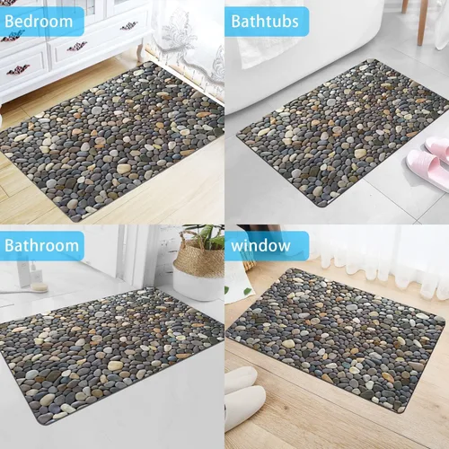 Miniatura 6 de Alfombra de baño con estampado de piedra de guijarro, antideslizante, lavable, patrón de adoquines, tapete de baño pequeño con parte trasera
