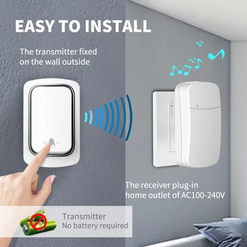 Miniatura 3 de Timbre inalámbrico autoalimentado para el hogar y la oficina, IP66 impermeable, kit de timbre enchufable sin necesidad de batería, alcance de 500