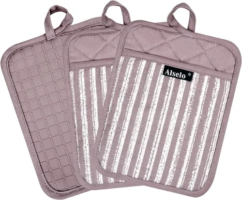 Miniatura 9 de Alselo Juego de 3 Agarraderas de Ollas de Silicona Resistentes al Calor y Antideslizantes, Almohadillas Calientes Profesionales para Horno con Morado