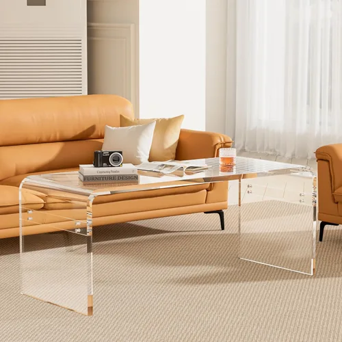 Miniatura 15 de Premium Mesa de Café de Acrílico de 32", Mesa de Café de Lucite Transparente para Sala de Estar, Mesa Central de Plexiglás Rectangular con Cascada