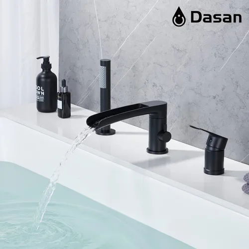 Miniatura 3 de DASAN DA-TF09WH-BK - Juego de grifo de bañera romano con rociador de ducha de mano de 3 agujeros, juego de grifo de bañera romana de cascada negro