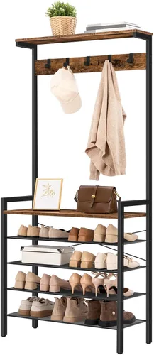 Miniatura 8 de HOOBRO Árbol de pasillo con banco, perchero con almacenamiento de zapatos, zapatero y perchero, almacenamiento de zapatos de entrada de 5 niveles, 5