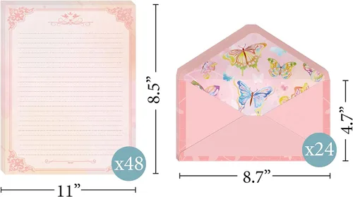 Miniatura 3 de Anzon Mories Juego de papelería de 72 piezas (48 hojas de papel y 24 sobres) de 8.5 x 11 pulgadas, letras gruesas de acuarela rosa para niñas, papel