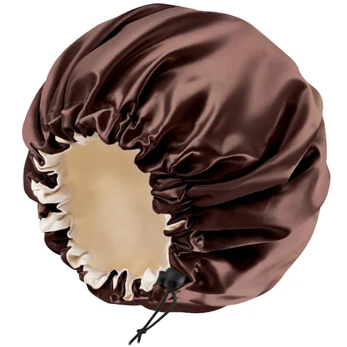 Miniatura 30 de Gorro de seda de satén para cabello rizado, gorro trenzado para dormir, para mujer, grande, doble capa ajustable (2 unidades, negro)