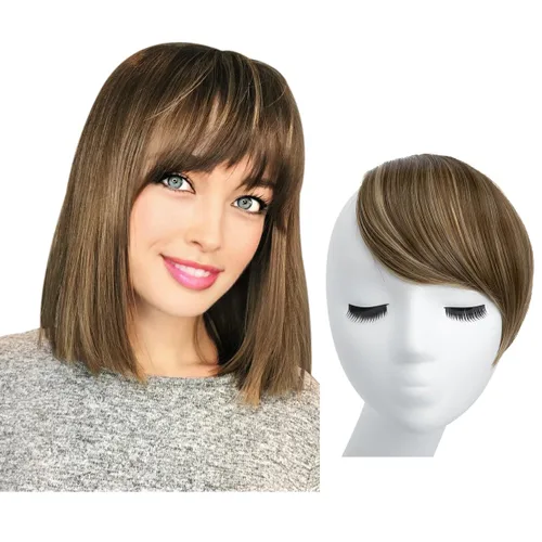 Miniatura 20 de SARLA Flequillo lateral negro marrón con clip en piezas de cabello sintético, extensión de flequillo recto para mujeres