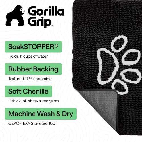 Miniatura 2 de GORILLA GRIP SOAKSTOPPER - Tapete para puerta de perro, 30 x 20 pulgadas, lavable a máquina, absorbente, captura la humedad, barro, suciedad, Negro