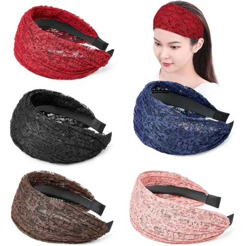 Miniatura 8 de DORIS&JACKY Diademas anchas de encaje y bandas elásticas grandes antideslizantes con dientes, 5 accesorios para la cabeza para mujeres y niñas
