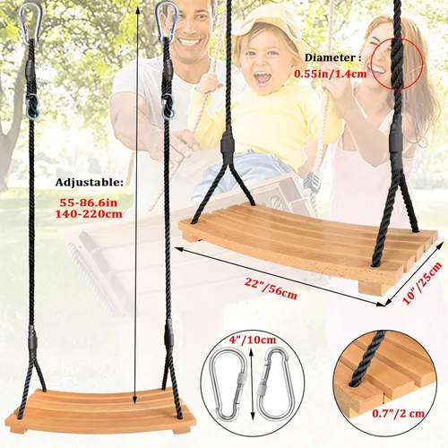 Miniatura 4 de Asiento de columpio de madera, columpio colgante para árbol con cuerda de nailon ajustable, juego de columpio de madera para patio trasero, patio