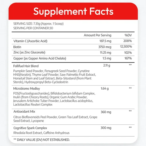 Miniatura 8 de Follifuel - Bebida para el crecimiento del cabello para mujeres y hombres 25 vitaminas para el cabello en 1 cucharada Biotina, Cynatine® HNS