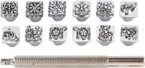 Herramienta de sello de cuero, 12 piezas de estampado de cuero, herramientas de fabricación de manualidades, diseño de flores, patrón de estampado