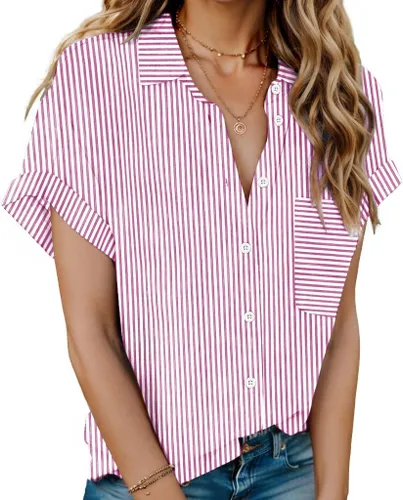 Miniatura 8 de HOTOUCH Camisas de Lino para Mujer con Botones Blusas de Manga Corta de Algodón Cuello en V con Cuello Tops de Gasa con Botones S-3XL