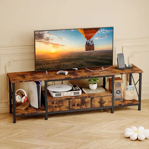 Miniatura 7 de YGEOMER Soporte de TV para centro de entretenimiento de TV de 75 pulgadas con tomas de corriente, mesa consola de TV profunda con cajones de tela