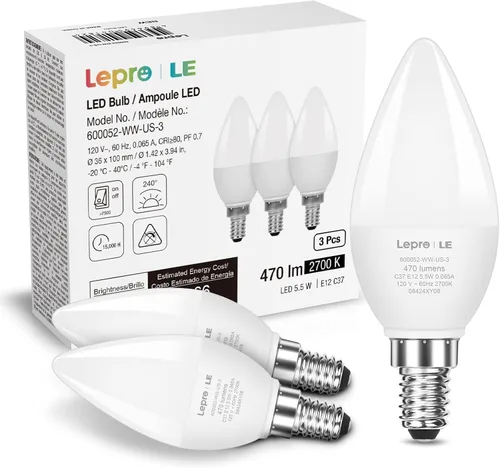 Bombillas LED de candelabro Lepro E12, 5.5 vatios, equivalentes a 40 vatios C37 B11, bombillas para ventilador de techo y araña, 2700 Kelvin, luz