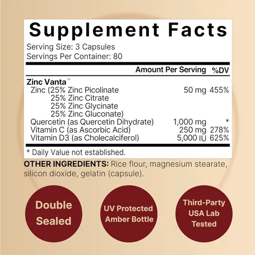 Miniatura 2 de NatureBell Zinc y Quercetina con Vitamina C y D3, 240 Cápsulas Quercetina 1,000mg + Zinc 50mg + Vitamina C 250mg + Vitamina D3 5,000 UI Soporte