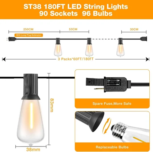 Miniatura 5 de GLUROO Cadena de luces al aire libre de 180 pies, más de 90+6 piezas de bombillas vintage irrompibles de 2700 K, luces de cadena LED para patio al