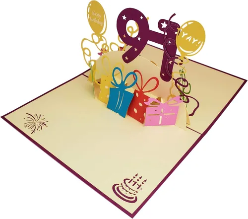 Miniatura 6 de iGifts And Cards Tarjeta emergente 3D de cumpleaños 91 – Regalos coloridos y celebración de hitos de globos – Saludo sincero para personas mayores