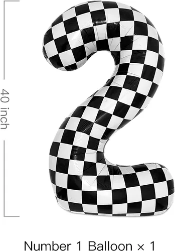 Miniatura 2 de Globo grande de 40 pulgadas a cuadros con el número 2 en negro y blanco para dos suministros de fiesta de cumpleaños de autos de carreras rápidas