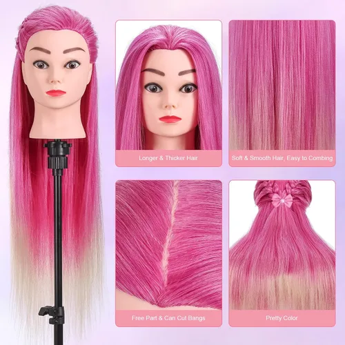 Miniatura 4 de TopDirect Cabeza de maniquí, 29 pulgadas, cabeza de maniquí de cabello, muñeca con pelo sintético, práctica de cosmetología, peinado, entrenamiento