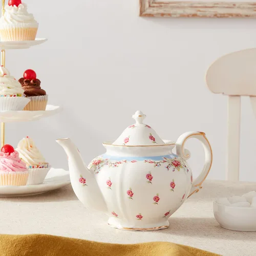 Miniatura 5 de Gracie China - Tetera vintage de porcelana azul rosa (5 tazas)
