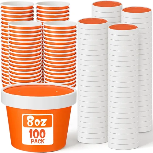 Miniatura 14 de Fulmoon Paquete de 100 recipientes de papel para sopa con tapas, recipientes de papel desechables para alimentos con tapa ventilada, tazas de postre