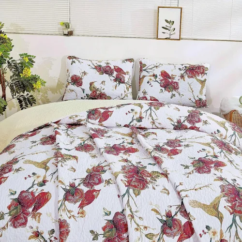 Miniatura 9 de Tache - Juego de colcha acolchada reversible con diseño floral rojo y blanco, diseño de colibríes dorados, color borgoña, marfil, antiguo, granja