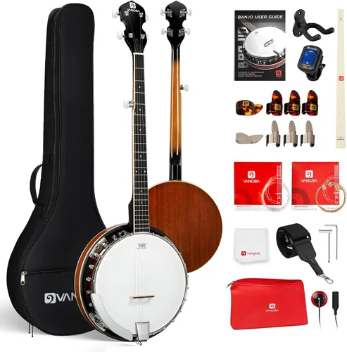 Miniatura 10 de Vangoa Banjo - Kit de 5 cuerdas para principiantes, tamaño completo, cabeza Remo, 24 soportes, espalda abierta, juego de banjo con resonador