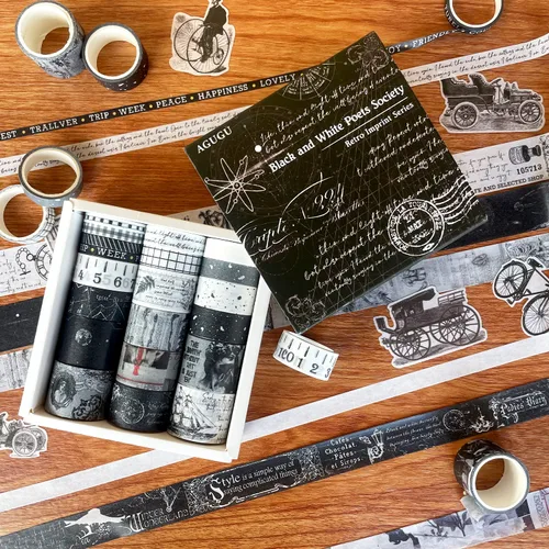 Miniatura 6 de Juego de 20 rollos de cinta washi vintage y 30 calcomanías retro negras, cinta adhesiva estética floral ancha para suministros de álbumes