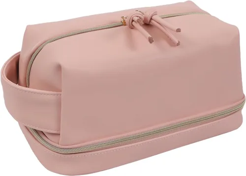 Miniatura 8 de Bolsa de maquillaje, bolsa de viaje grande de doble capa impermeable con asa y compartimento para cepillos para mujeres, Negro -, Color puro