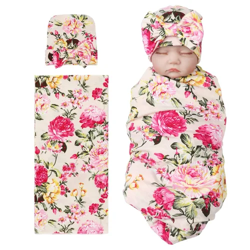 Miniatura 25 de DRESHOW BQUBO Manta de Recepción para Recién Nacido con Conjunto de Gorro con Lazo Estampado de Flores Manta Envolvente para Bebé con Gorro 1 juego