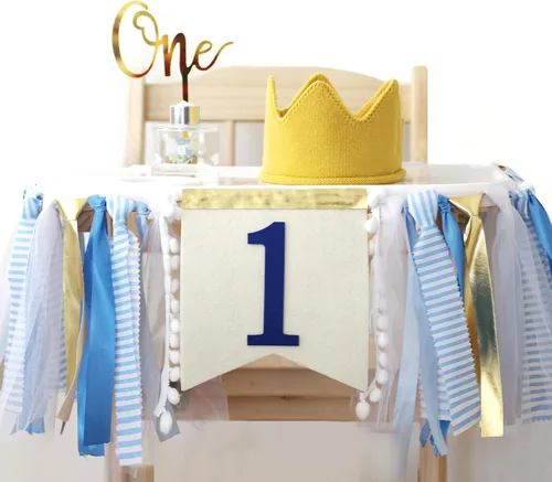 innerspark - Decoraciones para fiesta de primer cumpleaños para bebé niño, juego azul y dorado, pancarta para silla alta con cinta, sombrero de