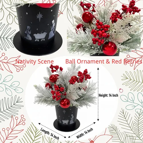 Miniatura 3 de Centro de Mesa Navideño Iluminado en Maceta de Metal con Temporizador, Escena del Nacimiento Navideño en Base de Metal Negro con Ornamento de Piñas