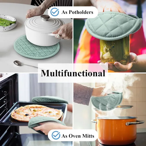 Miniatura 8 de Juego de soportes para ollas y guantes de horno con agarre de silicona antideslizante, almohadillas calientes resistentes al calor para cocina