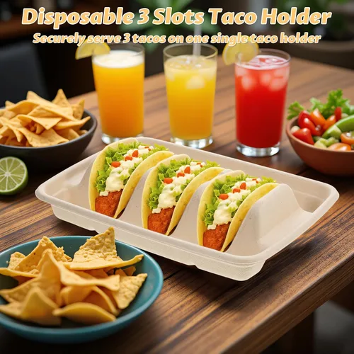 Miniatura 5 de 150 soportes desechables para tacos para fiestas, platos de taco de pulpa de bagazo de primera calidad, platos de tacos con 3 divisores, soporte