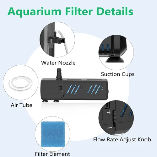 Miniatura 4 de Filtro de acuario, filtro de tanque de tortuga Insputer de 8 W con 2 filtraciones de esponjas, filtros sumergibles ajustables de 200 GPH para agua