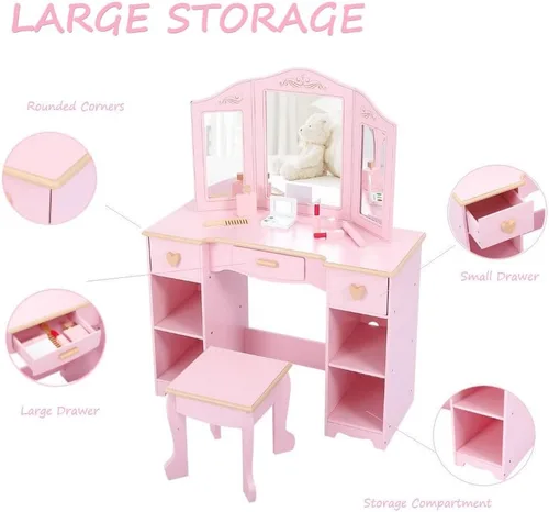 Miniatura 2 de Tocador de maquillaje para niños, mesa y silla para niñas con espejo y cajón, regalo para edades de 4 a 9 años, color rosa