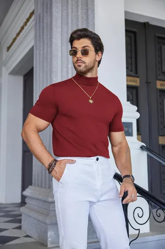 Miniatura 4 de COOFANDY Suéter de cuello alto falso para hombre, de manga corta, color sólido, básico, ajustado, de punto