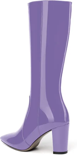 Miniatura 133 de AMBELIGHT Botas altas hasta la rodilla con cremallera y puntera puntiaguda para mujer, de patente sólida, tacón alto, 3.3 pulgadas