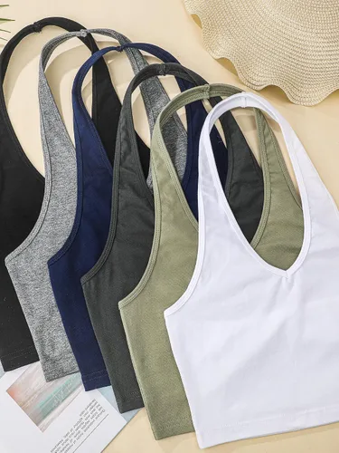 Miniatura 6 de Geyoga 6 piezas de camisetas halter para mujer, cuello en V, sin espalda, sin mangas, chaleco sin mangas para niñas