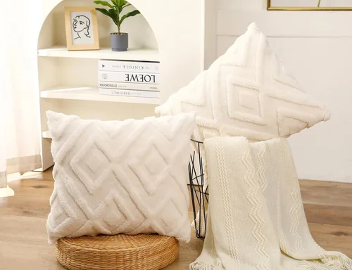 Miniatura 2 de Juego de 2 fundas de almohada de piel sintética beige de 16x16, funda de almohada decorativa de cuadros suave estilo boho para sofá, cama, sala