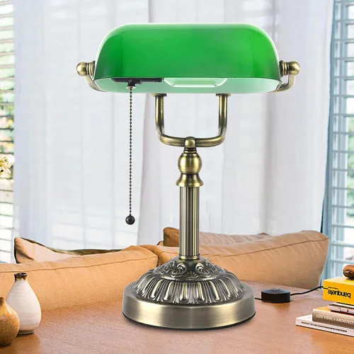 Miniatura 8 de Bankers - Lámpara de escritorio con puerto de carga USB-A, lámparas de escritorio vintage con cadena de tracción de vidrio verde, lámpara