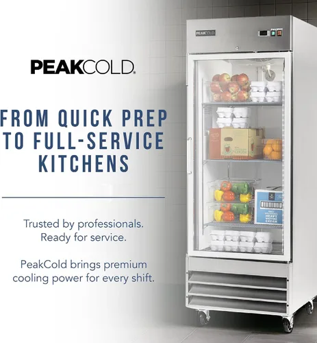 Miniatura 8 de PEAKCOLD Refrigerador comercial de una sola puerta de vidrio, 23 pies cúbicos, 29 "W Acero inoxidable Reach-In Vertical Refrigerador, Estantes