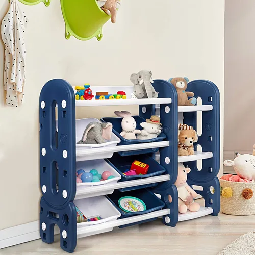 Miniatura 9 de HONEY JOY Organizador de almacenamiento de juguetes para niños de 4 niveles con 6 contenedores, unidad de almacenamiento de juguetes 2 en 1