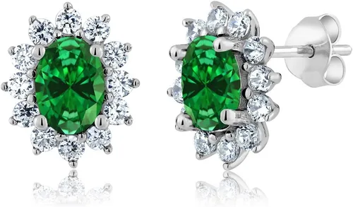 Miniatura 175 de Gem Stone King Aretes ovalados de plata de ley 925 de 0.276 x 0.197 in con piedra natal de la princesa Diana, estilo halo real para mujeres