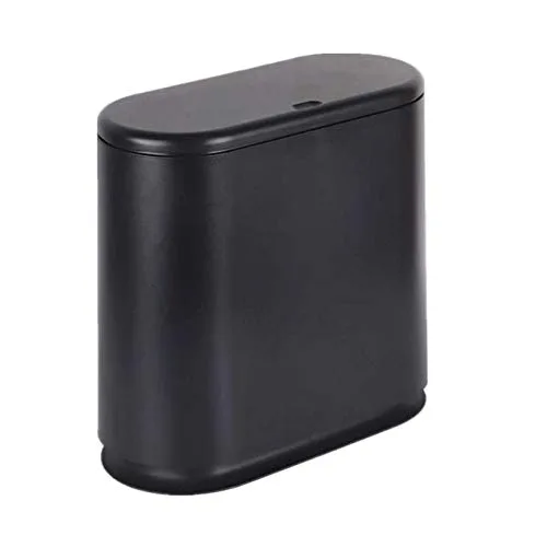 IEEK Bote de basura de plástico con tapa superior de presión, cubo de basura de 2.4 galones / 10 litros, cesta de basura negra moderna para baño,