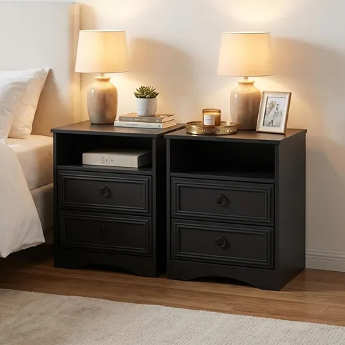 Miniatura 14 de LGHM Juego de 2 mesitas de noche con tira de luces de estación de carga, mesita de noche grande con 2 cajones, mesa auxiliar de cama decorativa